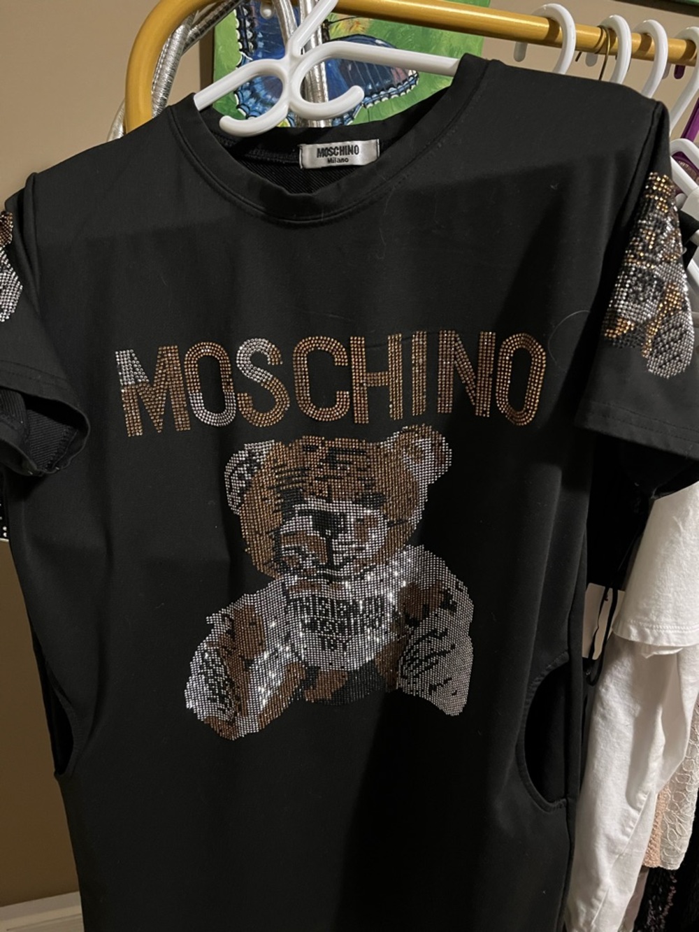 Moschino Black dress with Crystal Teddy Logo and pockets